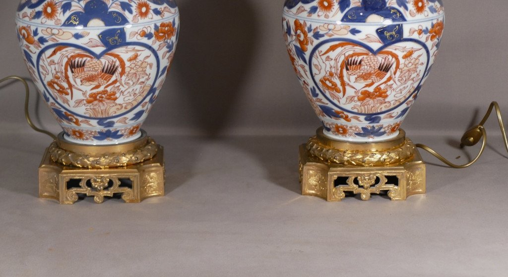 Paire De Lampes Imari En Porcelaine Et Bronze Doré, époque XIX ème-photo-4