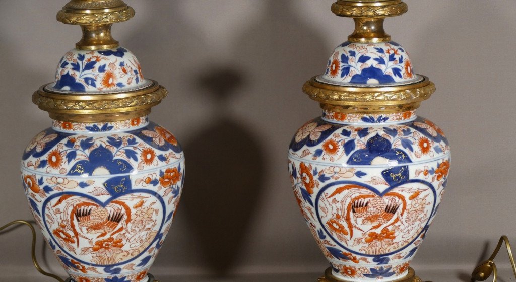 Paire De Lampes Imari En Porcelaine Et Bronze Doré, époque XIX ème-photo-1