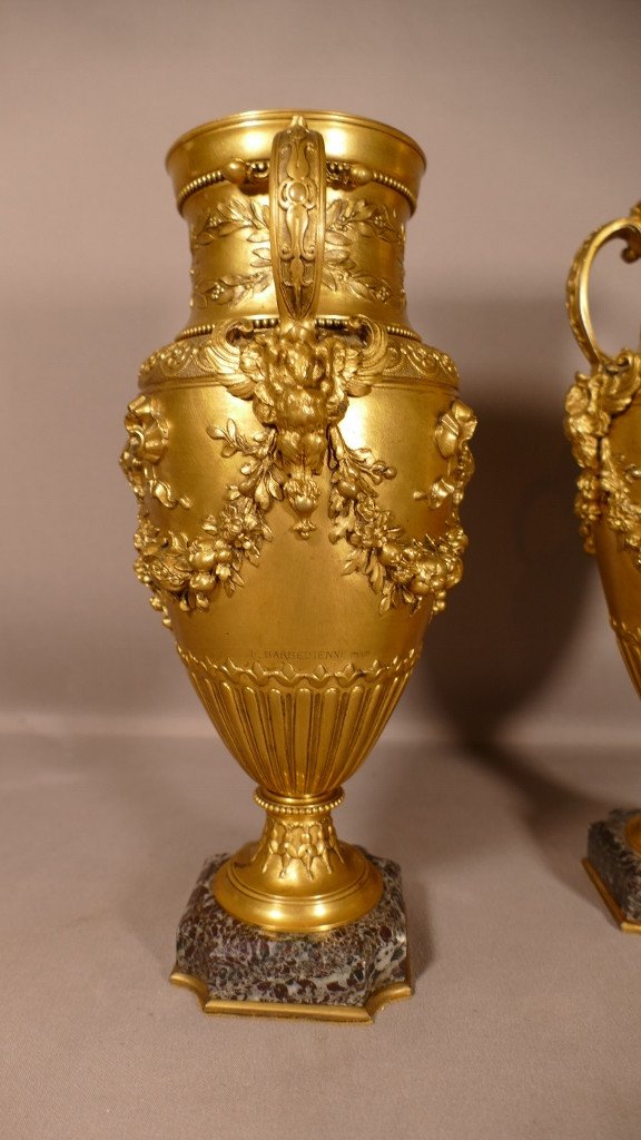 Barbedienne, Paire De Vases Cassolettes En Bronze Doré Ciselé Aux Fleurs, XIX ème-photo-4