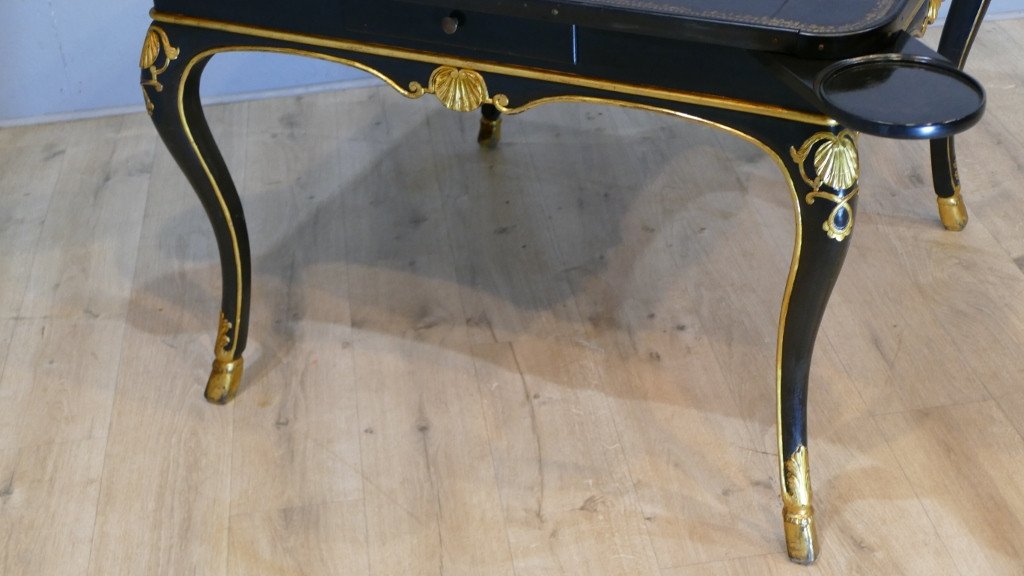 Regency Style Games Table In Black Lacquered Wood And Gilded With Gold Leaf, Early 20th Century-photo-4