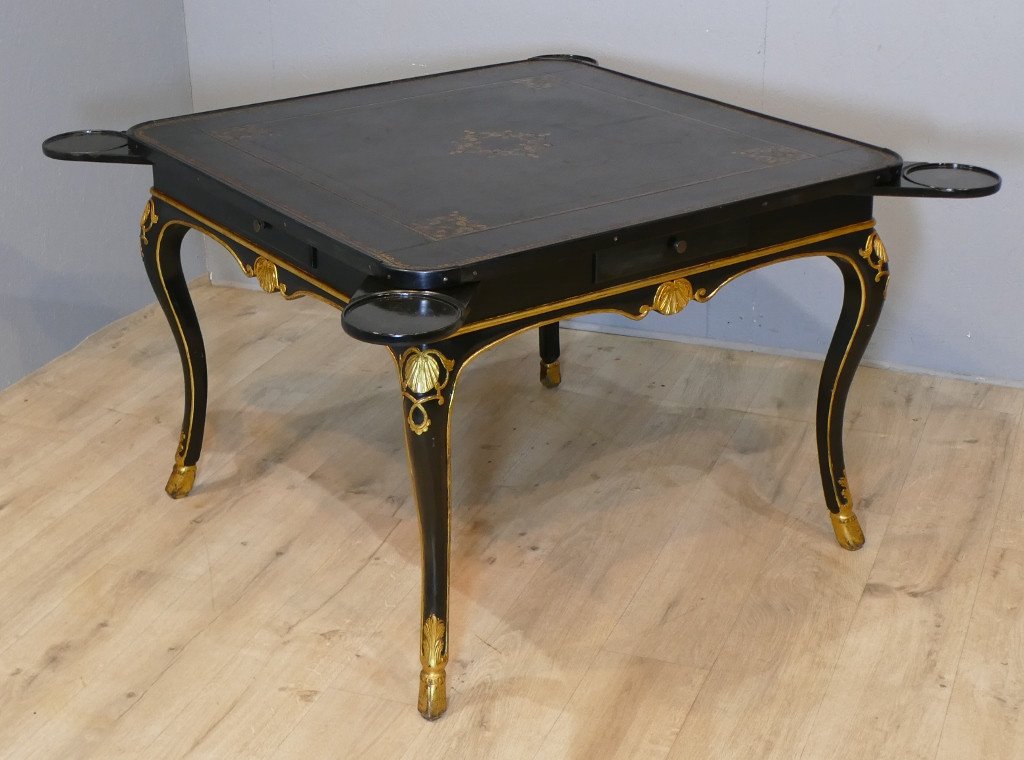 Regency Style Games Table In Black Lacquered Wood And Gilded With Gold Leaf, Early 20th Century