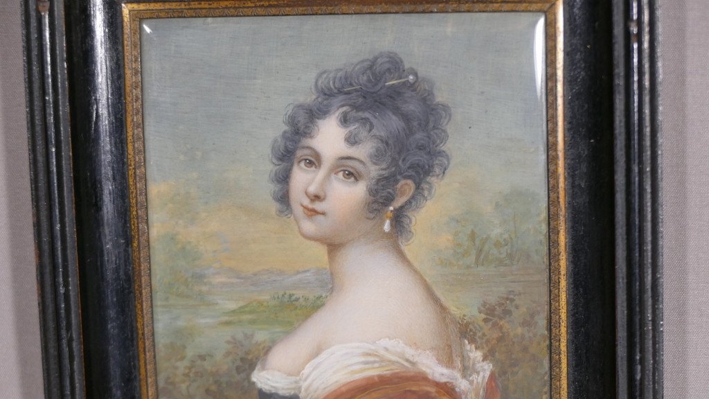 Antoine Duclaux, miniature Sur Ivoire époque Empire, Femme à La Boucle d'Oreille, début XIX ème-photo-4