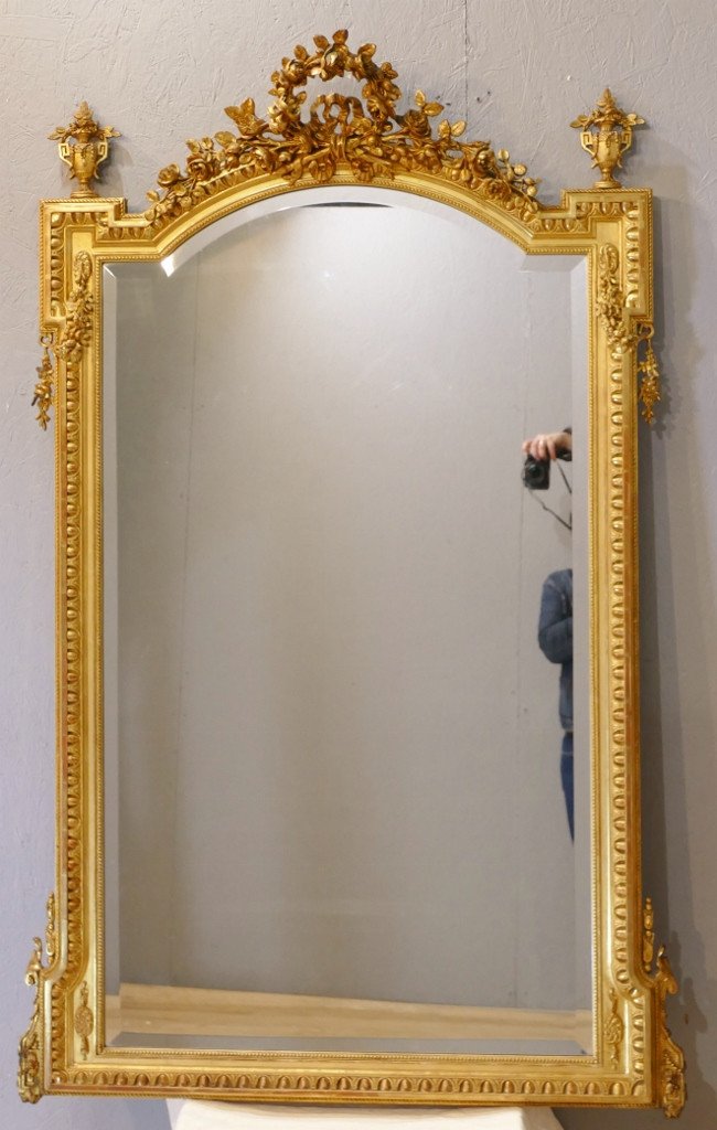 180*105 Cm, Très Grande Glace Miroir De Style Louis XVI En Bois Et Stuc Doré, Napoléon III -photo-2