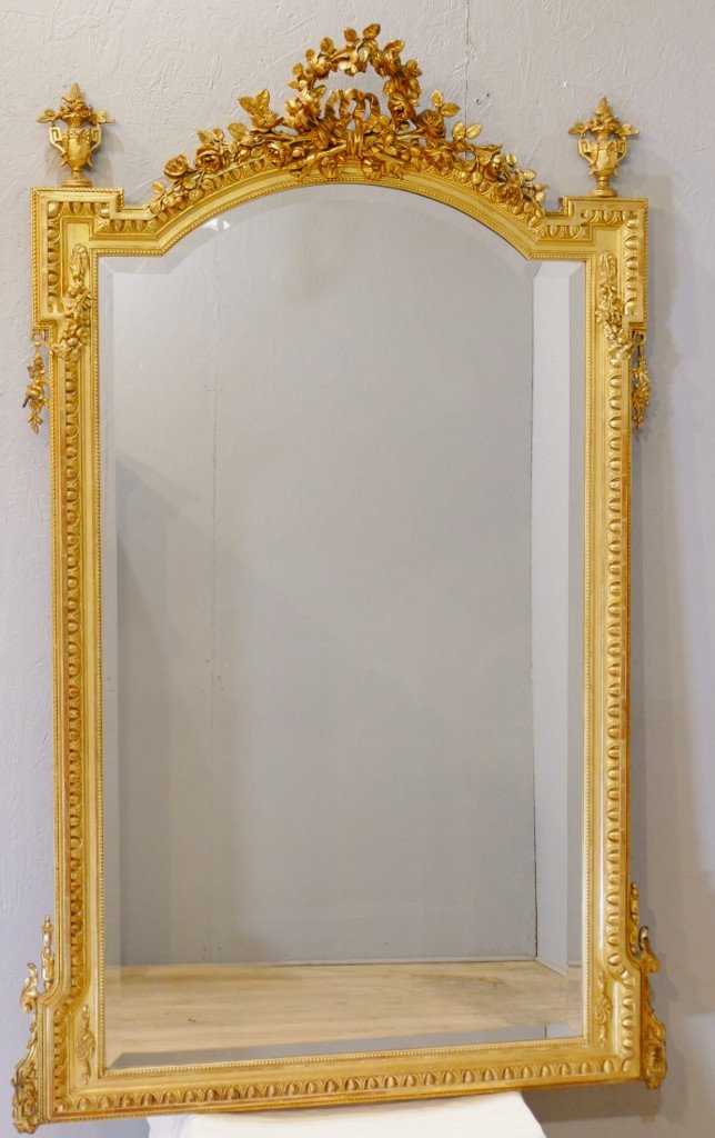 180*105 Cm, Très Grande Glace Miroir De Style Louis XVI En Bois Et Stuc Doré, Napoléon III 