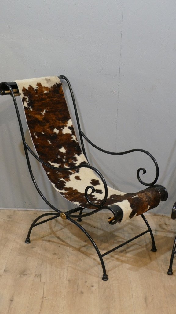 Paire De Fauteuils Fer Forgé Façon Chaises Longues Et Peau De Vache, époque Fin XIX ème-photo-2