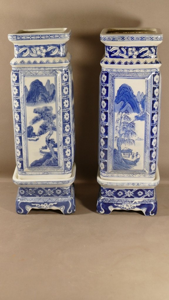 Paire De Vases Porcelaine Bleue Et Blanche, Chine, Milieu XX ème-photo-2