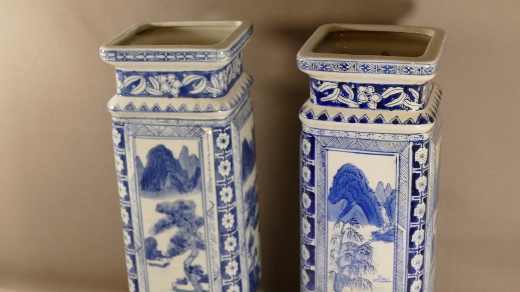 Paire De Vases Porcelaine Bleue Et Blanche, Chine, Milieu XX ème-photo-4