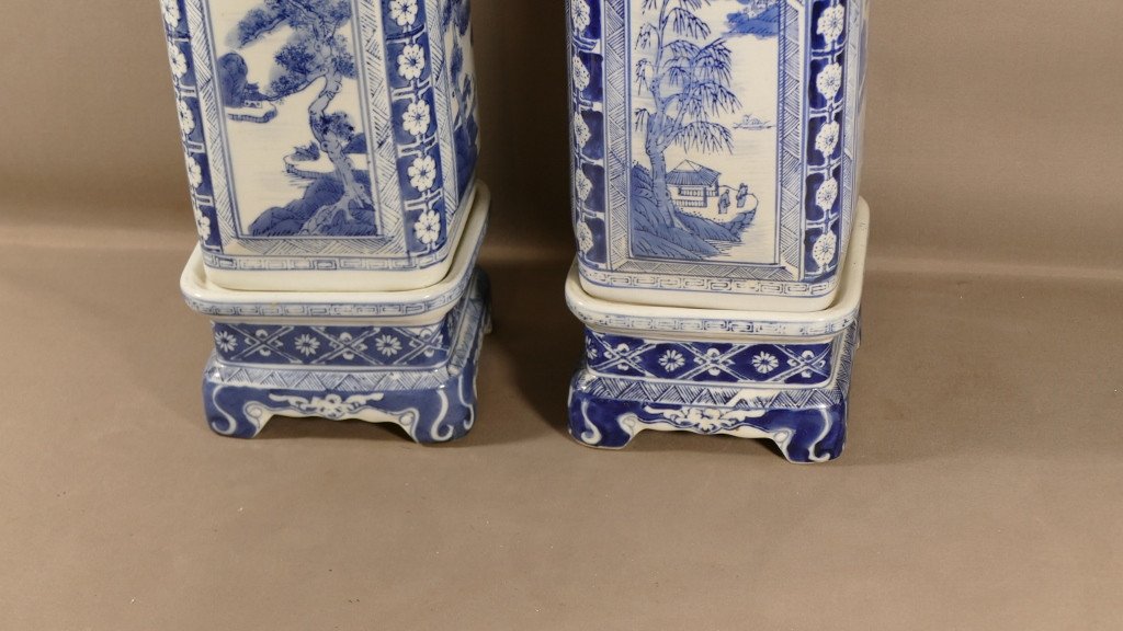 Paire De Vases Porcelaine Bleue Et Blanche, Chine, Milieu XX ème-photo-2