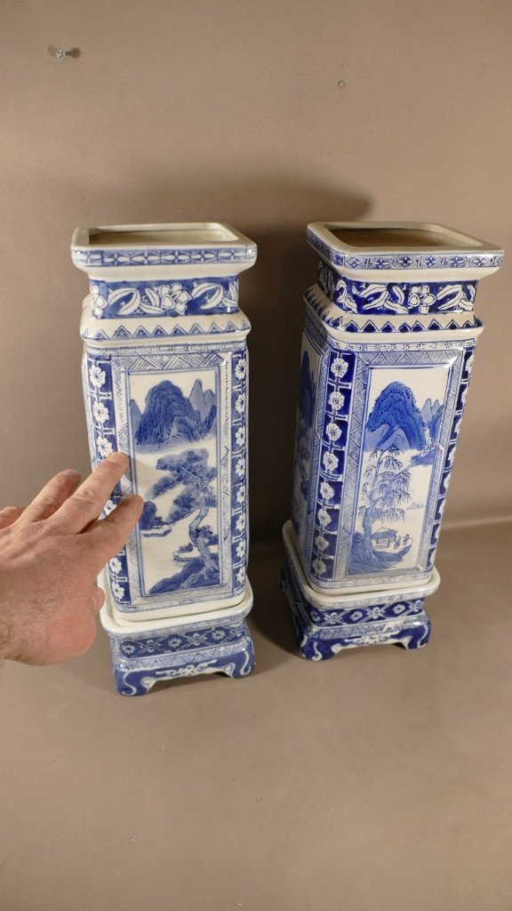 Paire De Vases Porcelaine Bleue Et Blanche, Chine, Milieu XX ème-photo-3