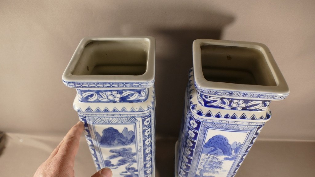 Paire De Vases Porcelaine Bleue Et Blanche, Chine, Milieu XX ème-photo-4