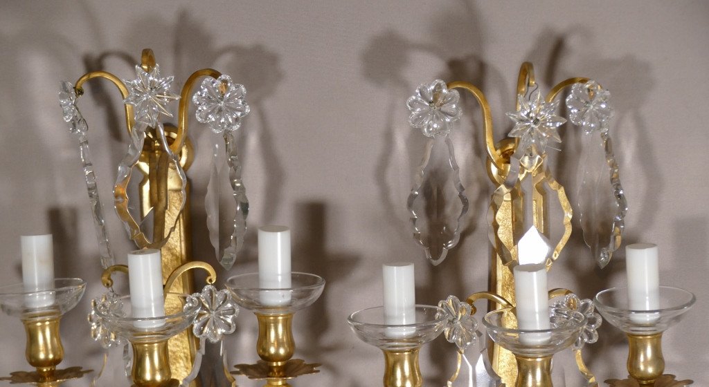 Bronze Signed Baccarat, Pair Of Sconces In Baccarat Crystal And Gilt Bronze, Late Nineteenth Time-photo-3