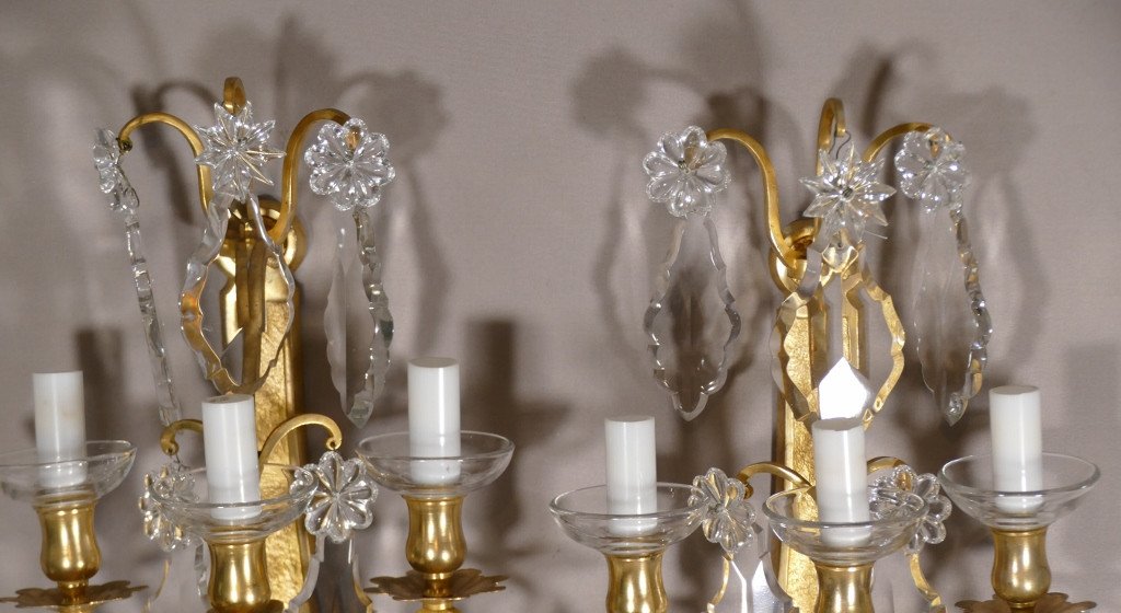 Bronze Signé Baccarat, Paire d'Appliques En Cristal De Baccarat Et Bronze Doré, époque Fin XIX -photo-3