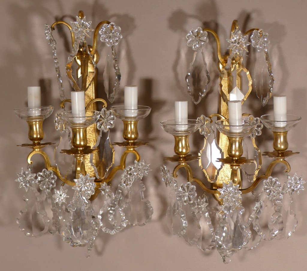 Bronze Signed Baccarat, Pair Of Sconces In Baccarat Crystal And Gilt Bronze, Late Nineteenth Time-photo-4