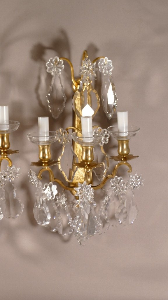 Bronze Signé Baccarat, Paire d'Appliques En Cristal De Baccarat Et Bronze Doré, époque Fin XIX -photo-1