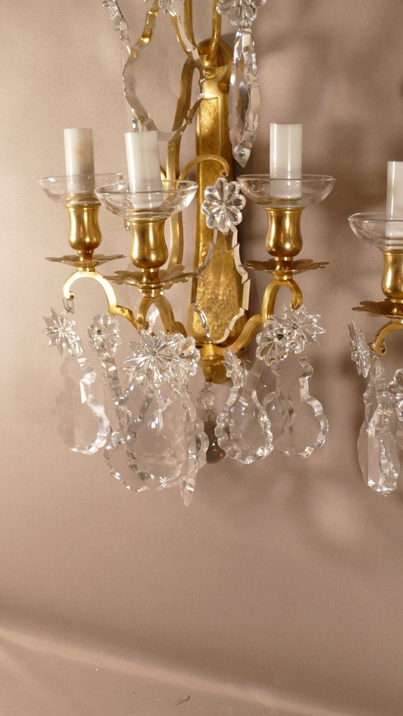 Bronze Signed Baccarat, Pair Of Sconces In Baccarat Crystal And Gilt Bronze, Late Nineteenth Time-photo-2