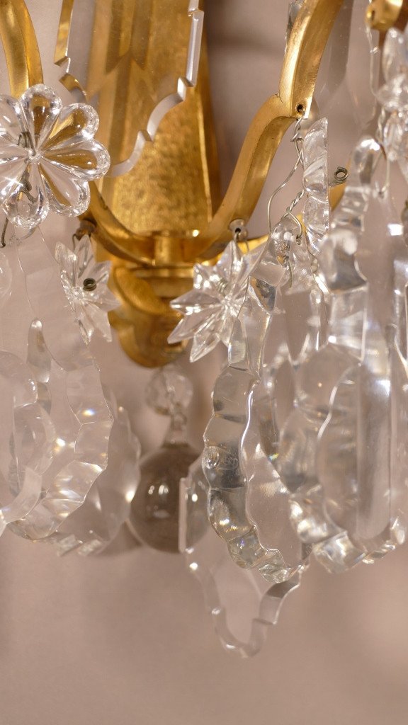 Bronze Signé Baccarat, Paire d'Appliques En Cristal De Baccarat Et Bronze Doré, époque Fin XIX -photo-4