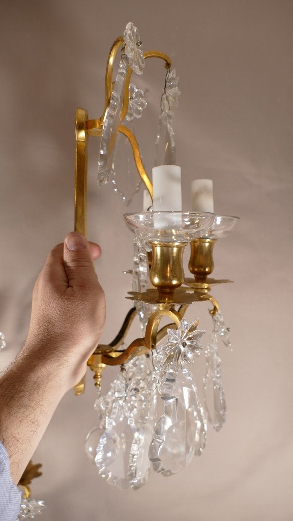 Bronze Signé Baccarat, Paire d'Appliques En Cristal De Baccarat Et Bronze Doré, époque Fin XIX -photo-7