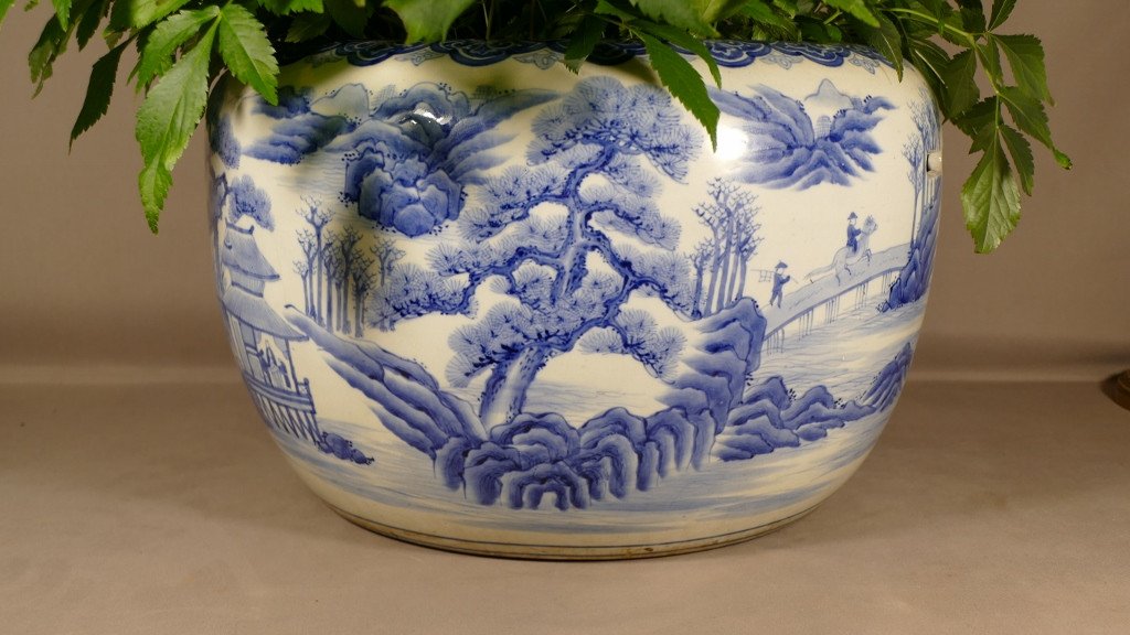 Très Large Cache Pot En Porcelaine Asiatique, Chine ou japon,  Décor Bleu Blanc, époque XIX ème-photo-2
