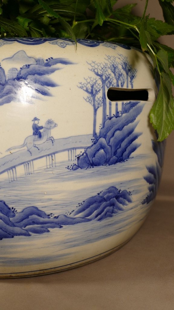 Very Large Cache Pot In Asian Porcelain, China Or Japan, Blue White Decor, XIXth Time-photo-3