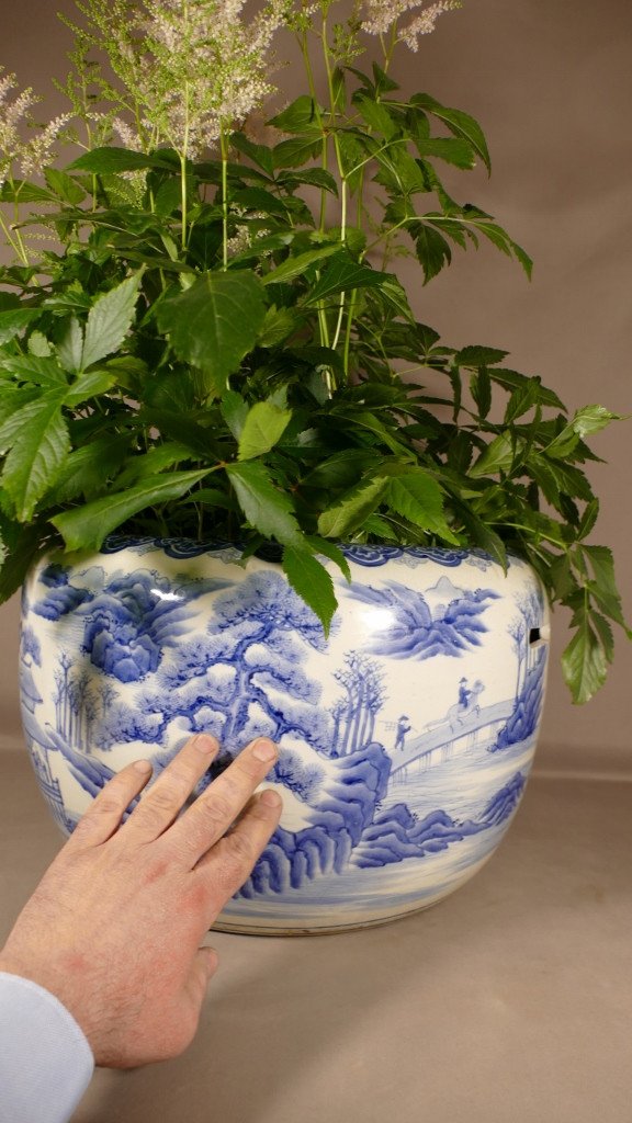 Very Large Cache Pot In Asian Porcelain, China Or Japan, Blue White Decor, XIXth Time-photo-4