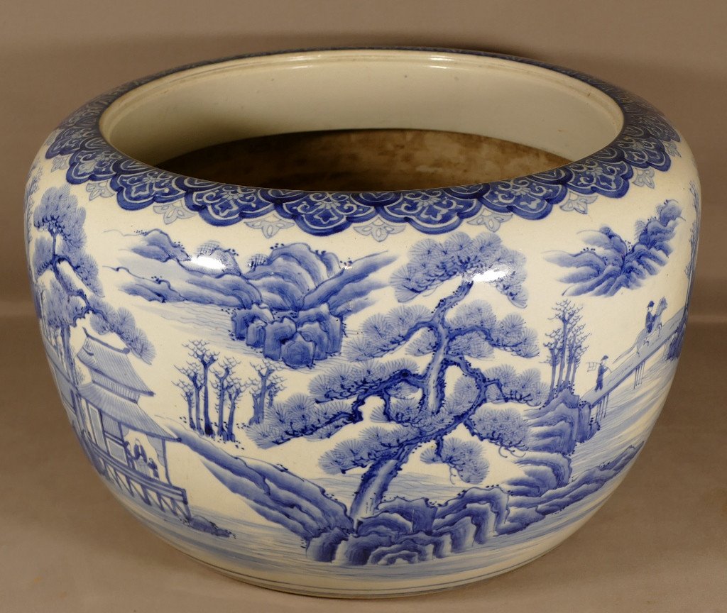 Très Large Cache Pot En Porcelaine Asiatique, Chine ou japon,  Décor Bleu Blanc, époque XIX ème-photo-2