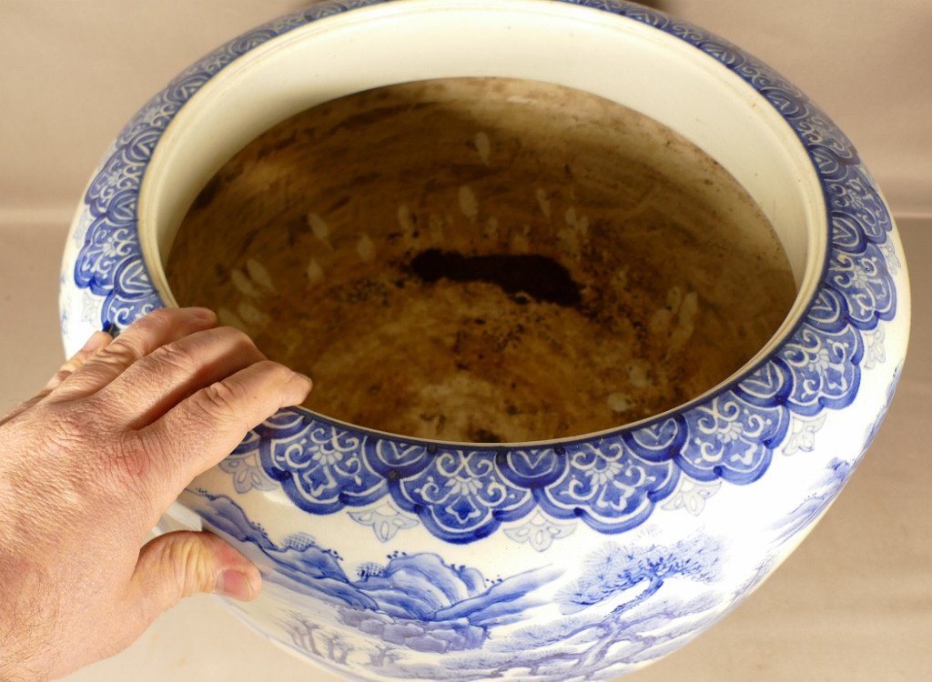 Très Large Cache Pot En Porcelaine Asiatique, Chine ou japon,  Décor Bleu Blanc, époque XIX ème-photo-3
