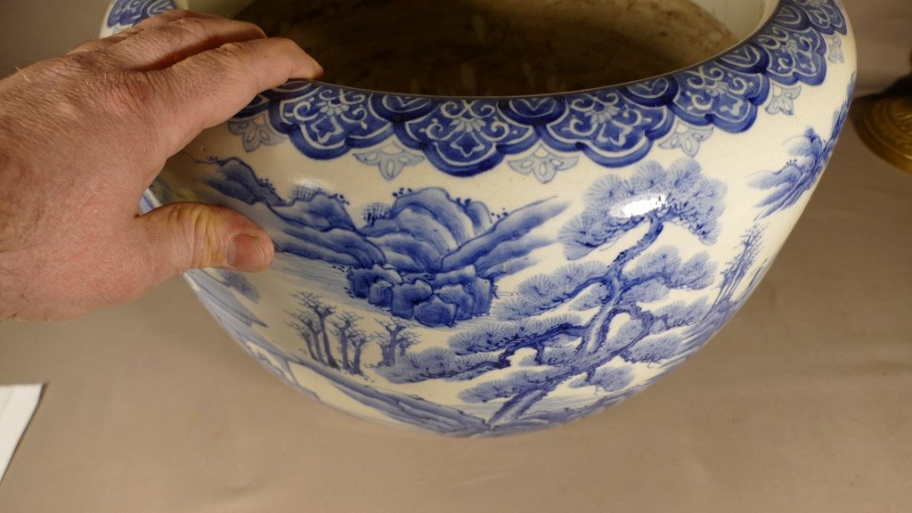 Très Large Cache Pot En Porcelaine Asiatique, Chine ou japon,  Décor Bleu Blanc, époque XIX ème-photo-4