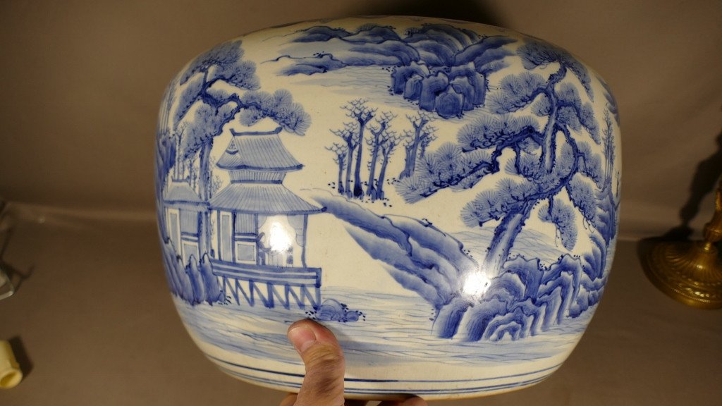 Très Large Cache Pot En Porcelaine Asiatique, Chine ou japon,  Décor Bleu Blanc, époque XIX ème-photo-5