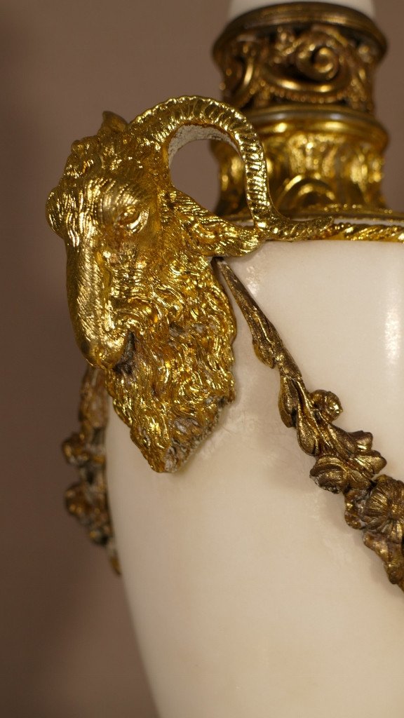 Paire De Cassolettes En Marbre Et Bronze Doré Aux Béliers Style Louis XVI, XIX ème-photo-3