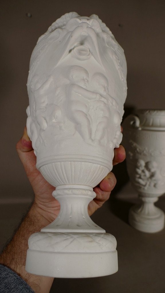 Clodion, Paire De Vases Cassolettes Aux Putti En Biscuit De Porcelaine, Début XX ème-photo-5