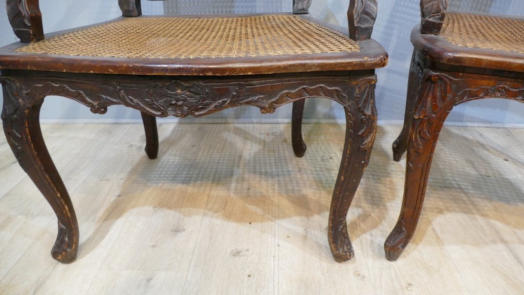 Pair Of Canned Armchairs Louis XV Period In Carved Beech, XVIIIth Century-photo-2