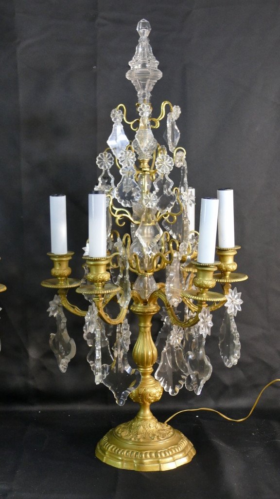 78 Cm, Pair Of Large Regency Style Girandole Lamps In Gilt Bronze And Crystal, XIX-photo-2