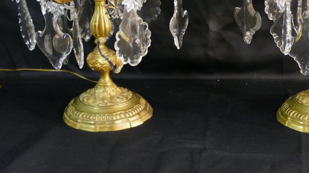 78 Cm, Paire De Grandes Lampes Girandoles Style Régence En Bronze Doré Et Cristal, XIX ème-photo-4