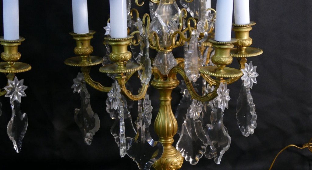 78 Cm, Paire De Grandes Lampes Girandoles Style Régence En Bronze Doré Et Cristal, XIX ème-photo-1