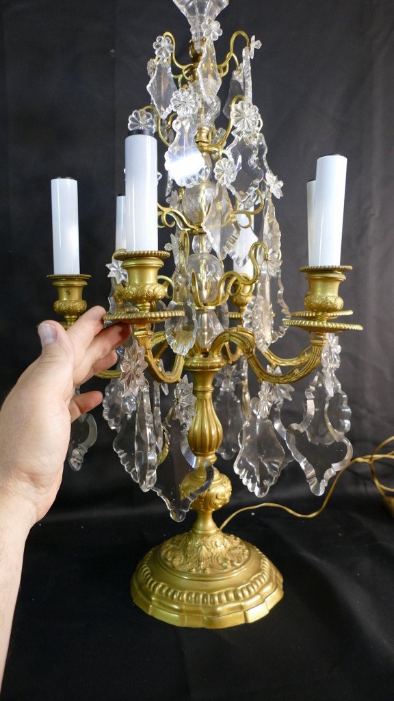 78 Cm, Paire De Grandes Lampes Girandoles Style Régence En Bronze Doré Et Cristal, XIX ème-photo-3