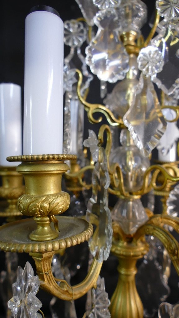 78 Cm, Pair Of Large Regency Style Girandole Lamps In Gilt Bronze And Crystal, XIX-photo-7