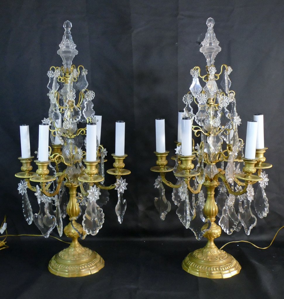 78 Cm, Paire De Grandes Lampes Girandoles Style Régence En Bronze Doré Et Cristal, XIX ème
