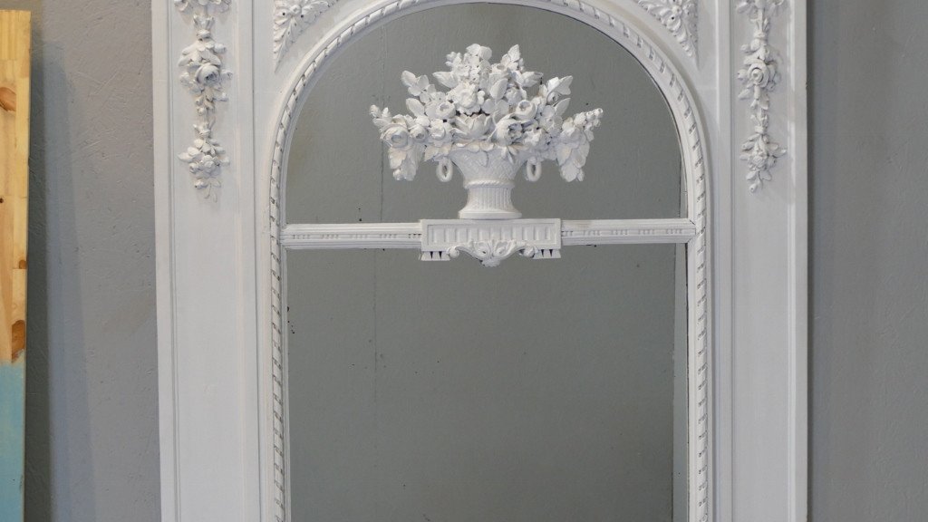 Louis XVI Trumeau Mirror In Painted Carved Wood, XIXth Time-photo-3