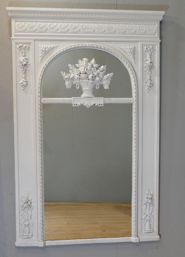 Louis XVI Trumeau Mirror In Painted Carved Wood, XIXth Time