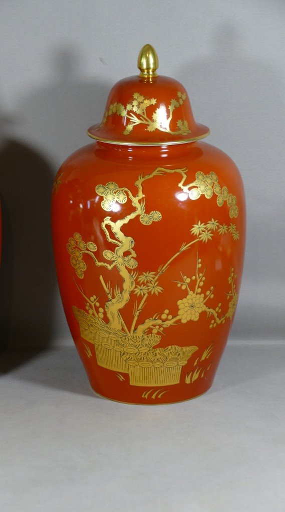 Bernardaud S&eacute;oul, Paire De Potiches Rouge Et Or Japonisant En Porcelaine De Limoges-photo-4
