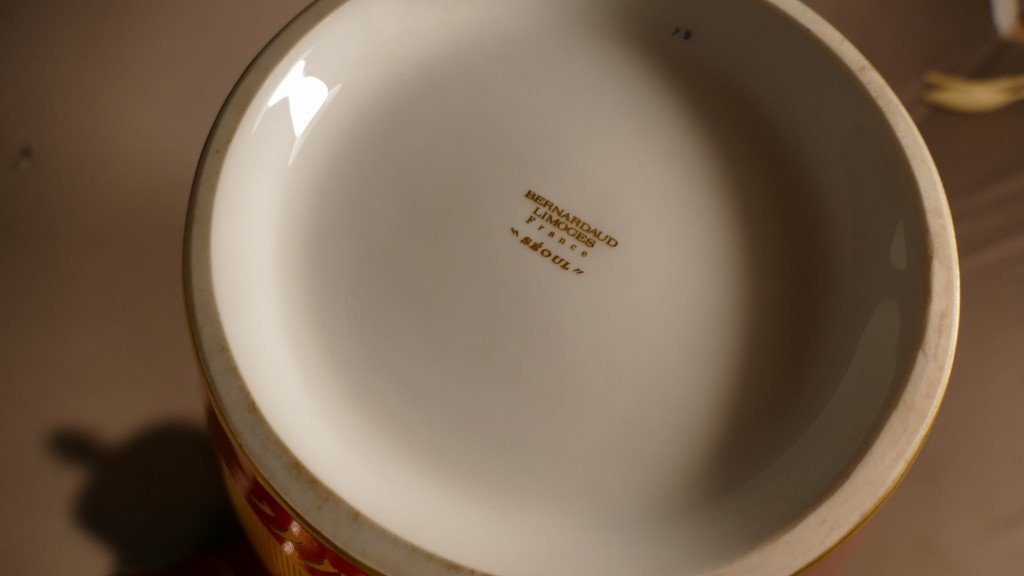 Bernardaud S&eacute;oul, Paire De Potiches Rouge Et Or Japonisant En Porcelaine De Limoges-photo-8