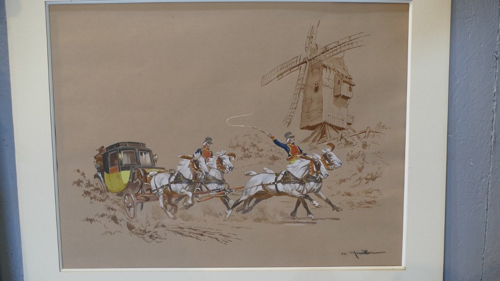 De Marcillac, La Diligence Au Galop, Lithographed Drawing And Gouache Highlights-photo-2