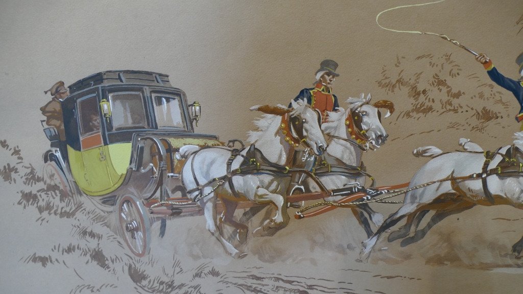 De Marcillac, La Diligence Au Galop, Lithographed Drawing And Gouache Highlights-photo-3