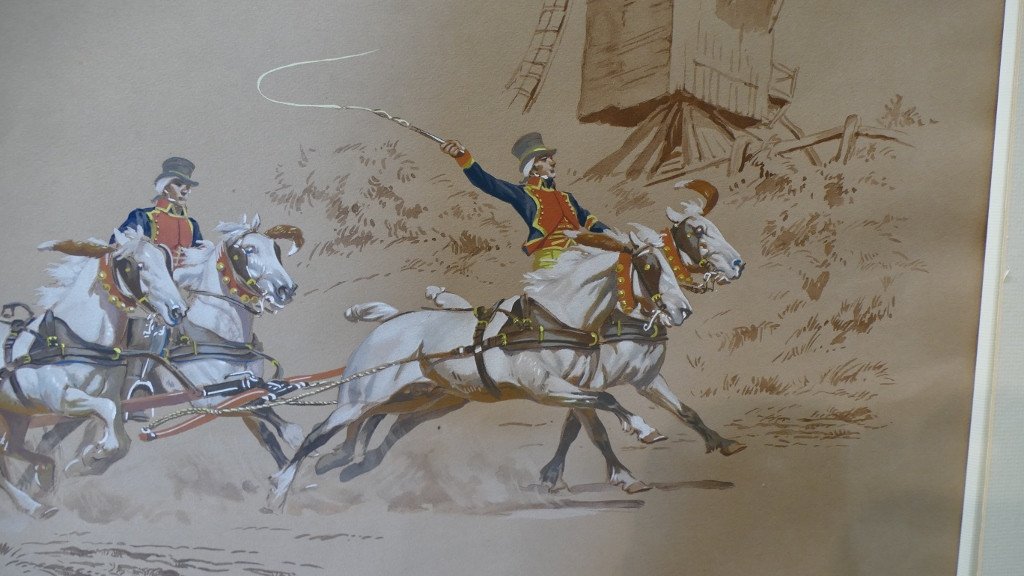 De Marcillac, La Diligence Au Galop, Lithographed Drawing And Gouache Highlights-photo-4