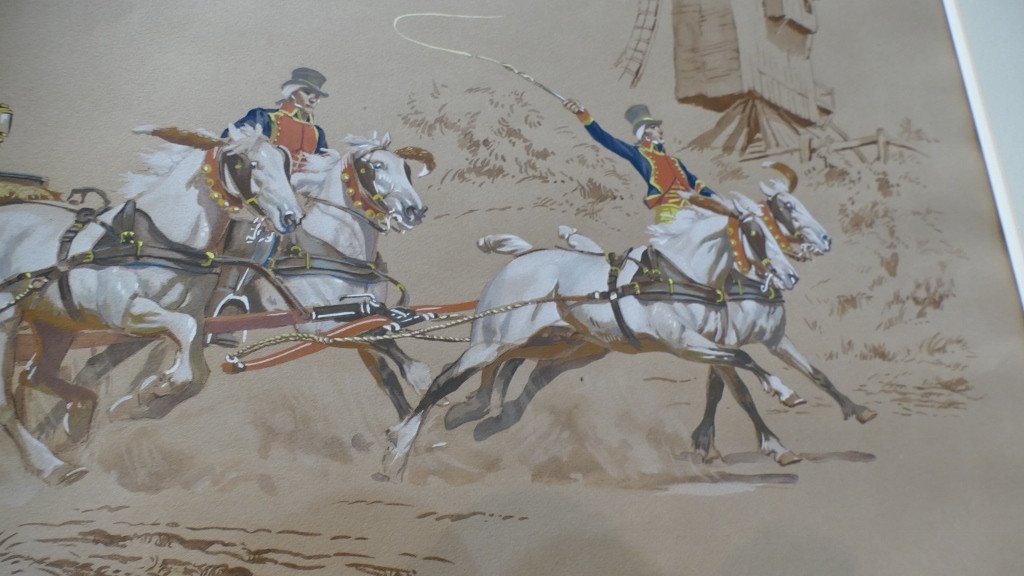 De Marcillac, La Diligence Au Galop, Lithographed Drawing And Gouache Highlights-photo-4