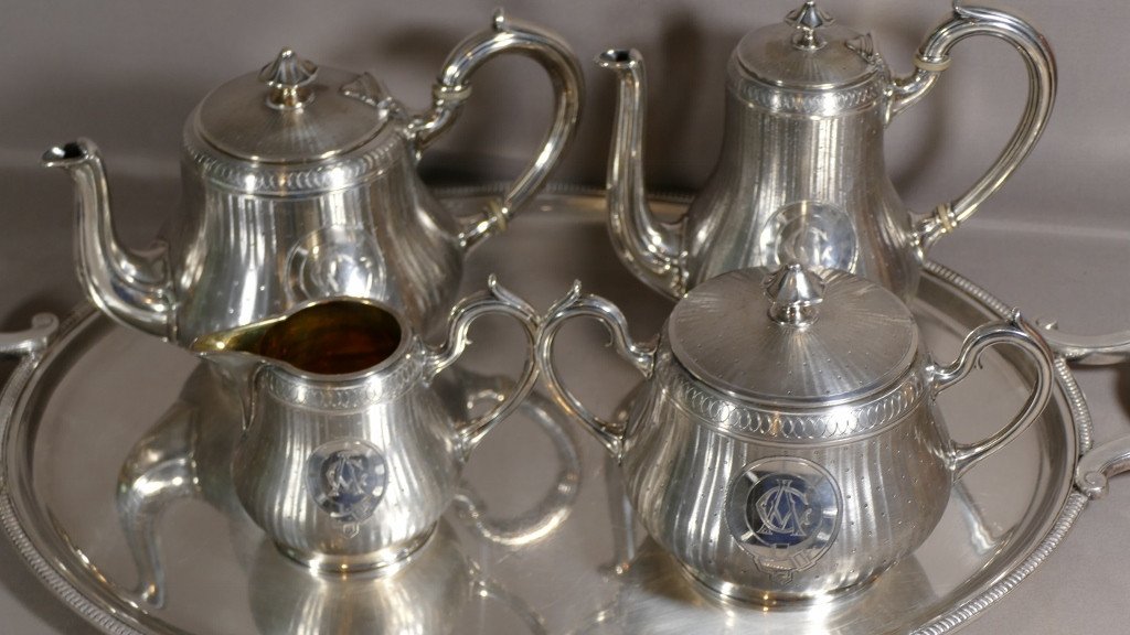 Christofle Guilloché, Coffee Tea Service And Tray In Silver Metal, Early Twentieth Time-photo-2