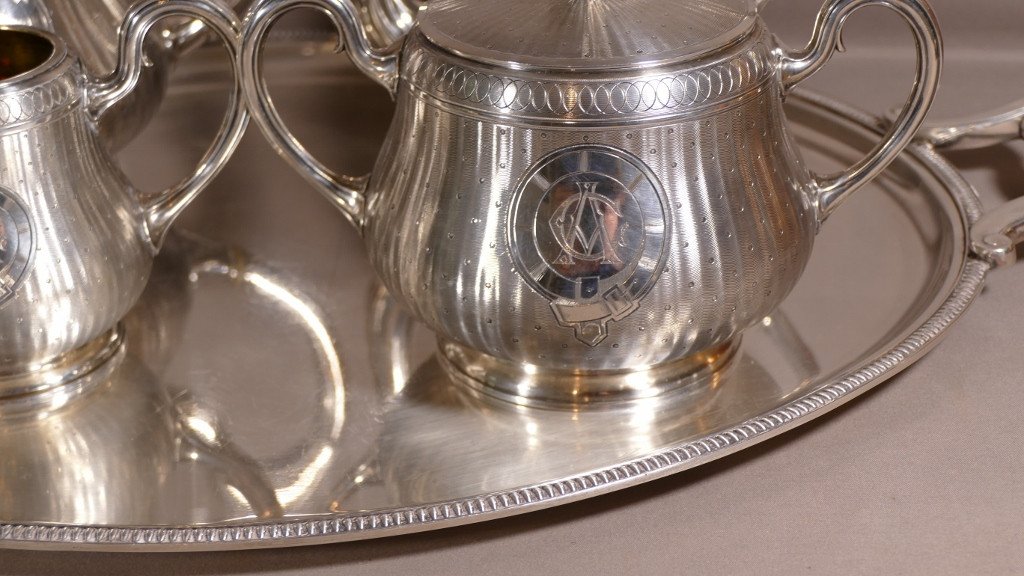 Christofle Guilloché, Coffee Tea Service And Tray In Silver Metal, Early Twentieth Time-photo-3