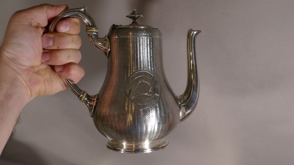 Christofle Guilloché, Coffee Tea Service And Tray In Silver Metal, Early Twentieth Time-photo-5