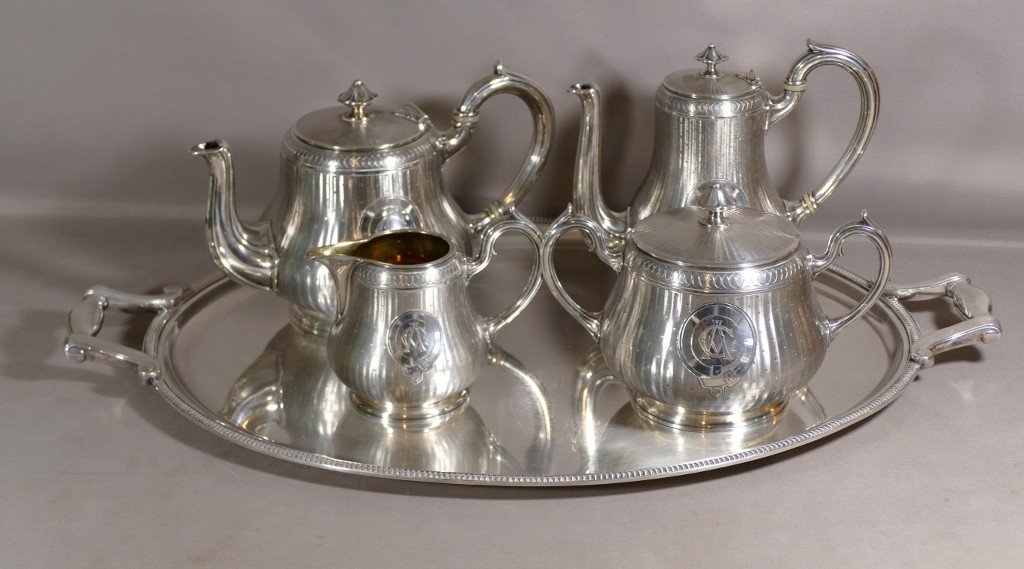 Christofle Guilloché, Coffee Tea Service And Tray In Silver Metal, Early Twentieth Time