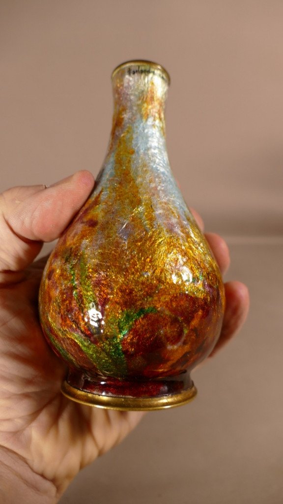 Jules Sarlandie, Limoges Enamel Vase With Flowers, Early 20th Century-photo-1
